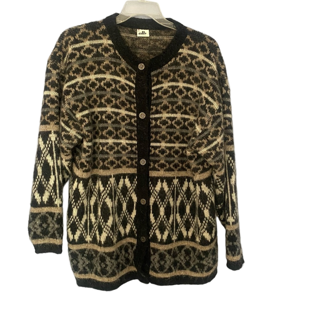 Icelandic Wool Patterned Cardigan Black & Cream Made in Iceland Size XL